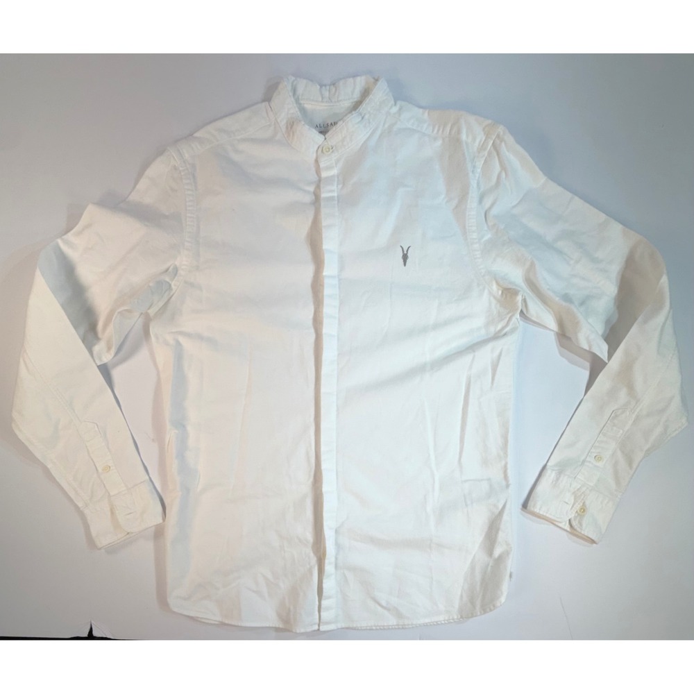 AllSaints Mens White Band Collar Ramskull Logo Button Down Shirt Small